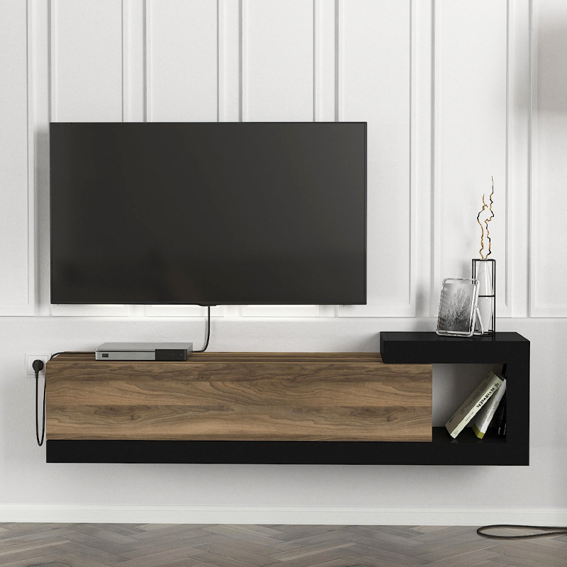 Έπιπλο τηλεόρασης επιτοίχιο χρώμα καρυδί - μαύρο 3