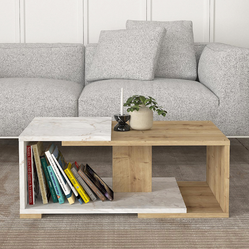 Τραπεζάκι σαλονιού χρώμα λευκό εφέ μαρμάρου - oak 2