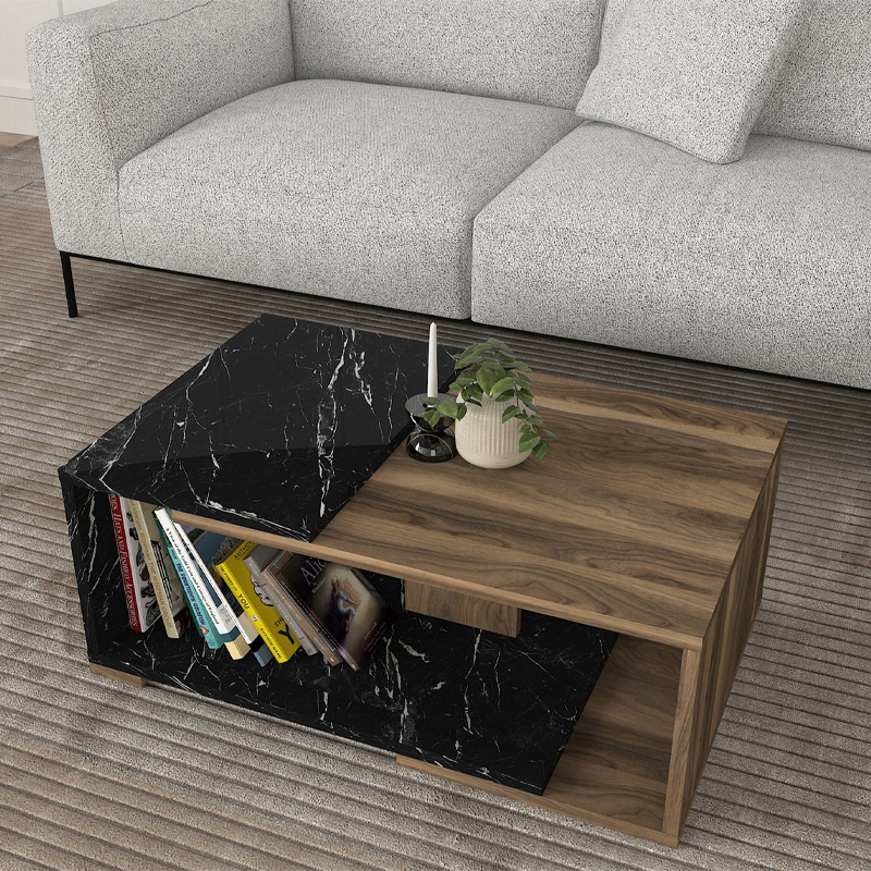 Τραπεζάκι σαλονιού χρώμα μαύρο εφέ μαρμάρου - καρυδί 3