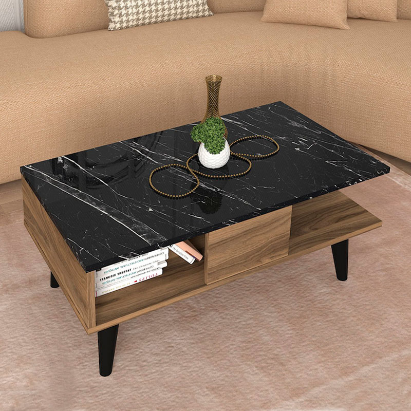 Τραπεζάκι σαλονιού χρώμα καρυδί - μαύρο εφέ μαρμάρου 2