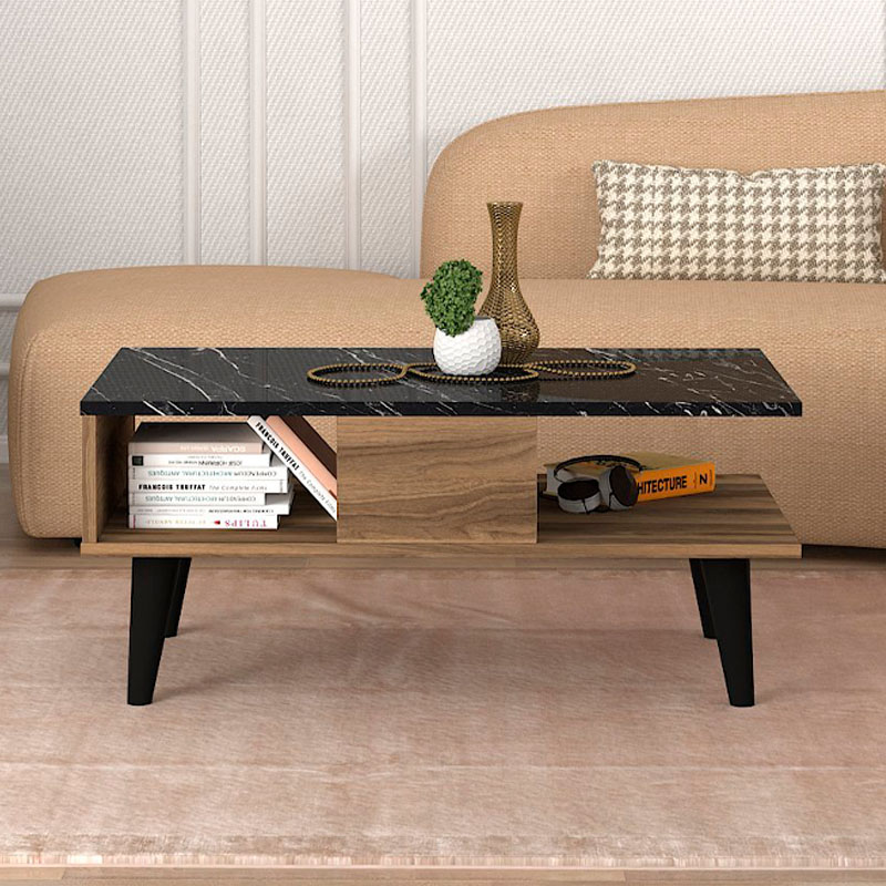 Τραπεζάκι σαλονιού χρώμα καρυδί - μαύρο εφέ μαρμάρου 3