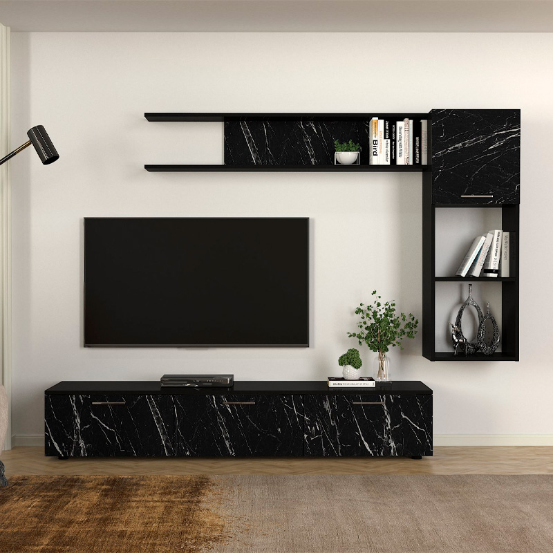 Σύνθεση τηλεόρασης χρώμα μαύρο εφέ μαρμάρου - μαύρο 4