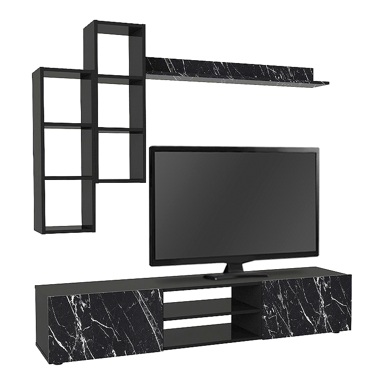 Σύνθεση τηλεόρασης χρώμα μαύρο εφέ μαρμάρου - μαύρο 5