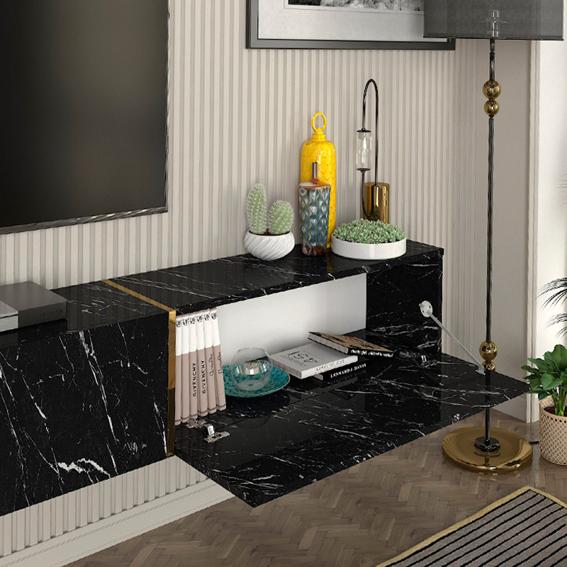 Έπιπλο τηλεόρασης επιτοίχιο με LED χρώμα μαύρο εφέ μαρμάρου 4