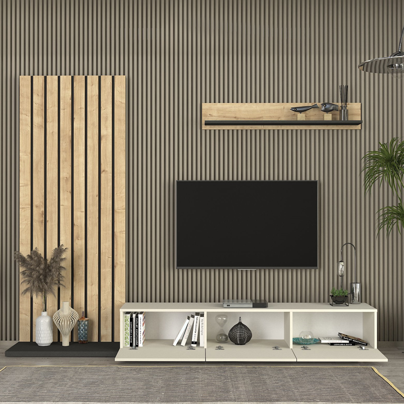 Σύνθεση τηλεόρασης χρώμα ivory - oak - ανθρακί 2