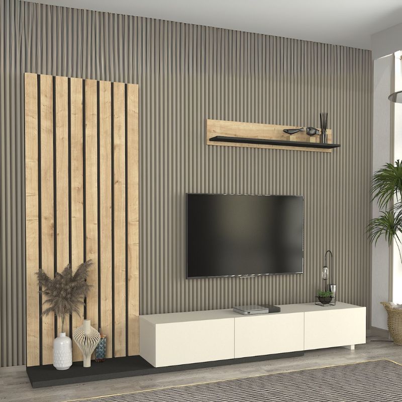 Σύνθεση τηλεόρασης χρώμα ivory - oak - ανθρακί 3