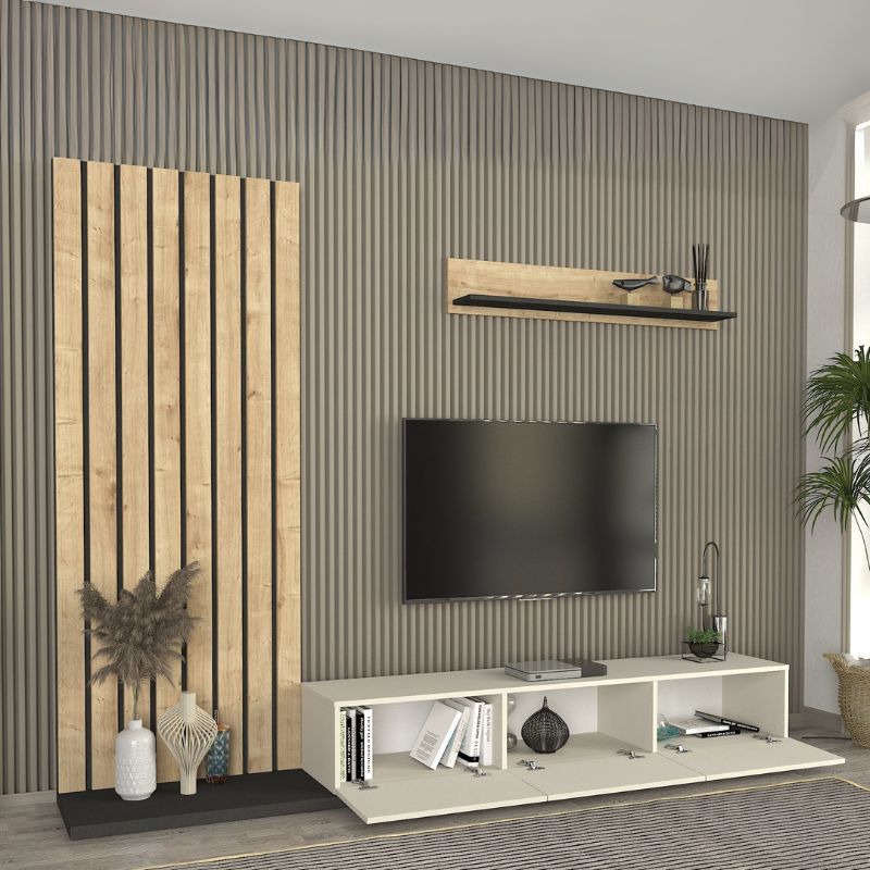 Σύνθεση τηλεόρασης χρώμα ivory - oak - ανθρακί 4