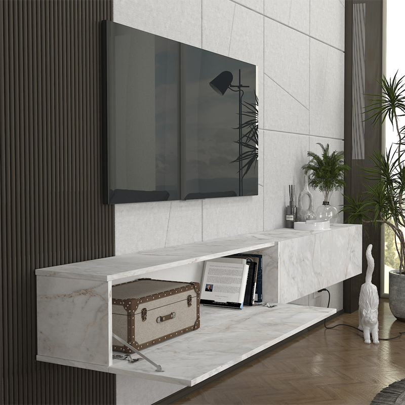 Έπιπλο τηλεόρασης επιτοίχιο χρώμα λευκό εφέ μαρμάρου 3