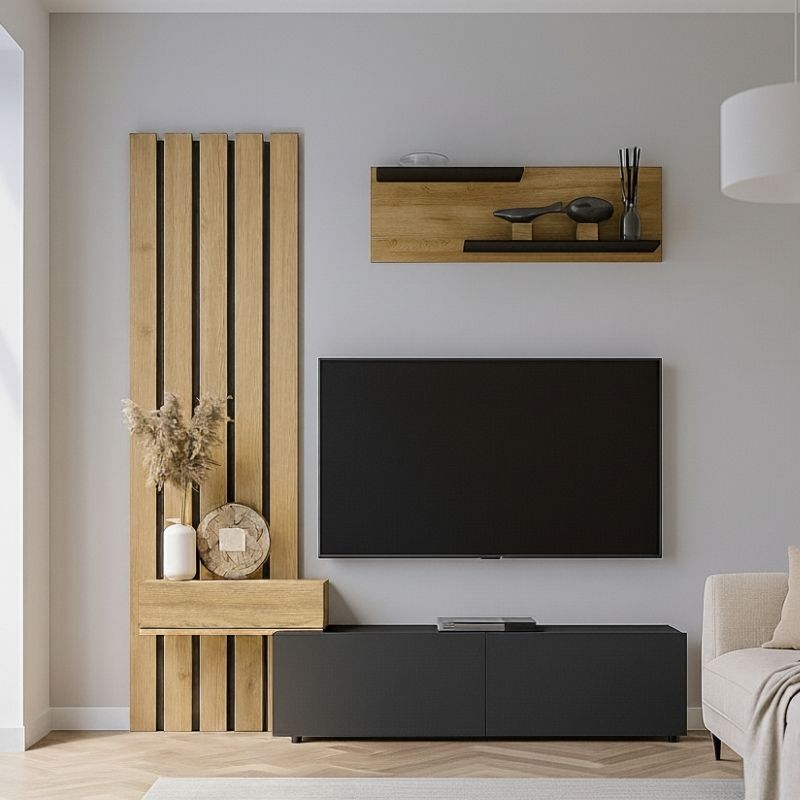 Σύνθεση τηλεόρασης χρώμα ανθρακί - oak