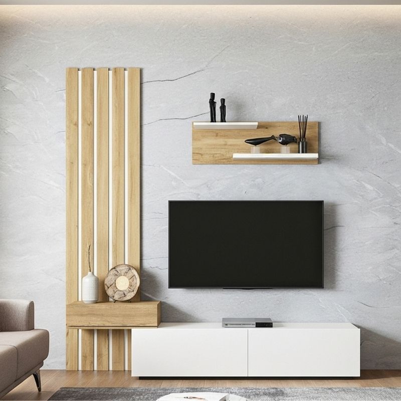 Σύνθεση τηλεόρασης χρώμα λευκό - oak