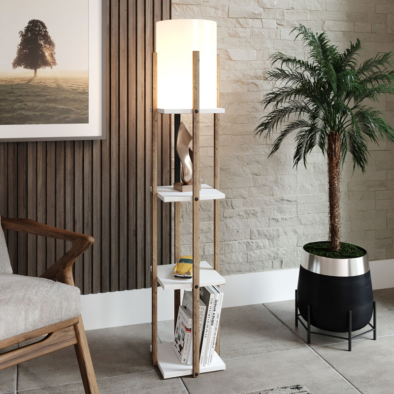 Φωτιστικό δαπέδου MDF - υφασμάτινο χρώμα λευκό - φυσικό 2