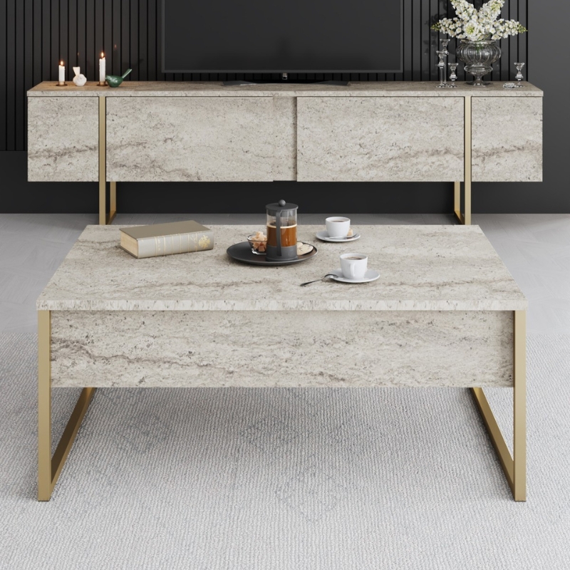 Τραπεζάκι σαλονιού χρώμα travertine - χρυσό 3