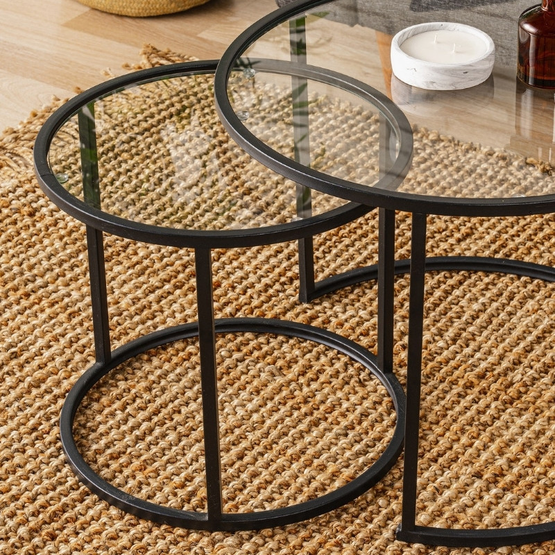 Τραπεζάκι σαλονιού σετ 2 τμχ μέταλλο - γυαλί χρώμα μαύρο Ø60x43εκ. 4