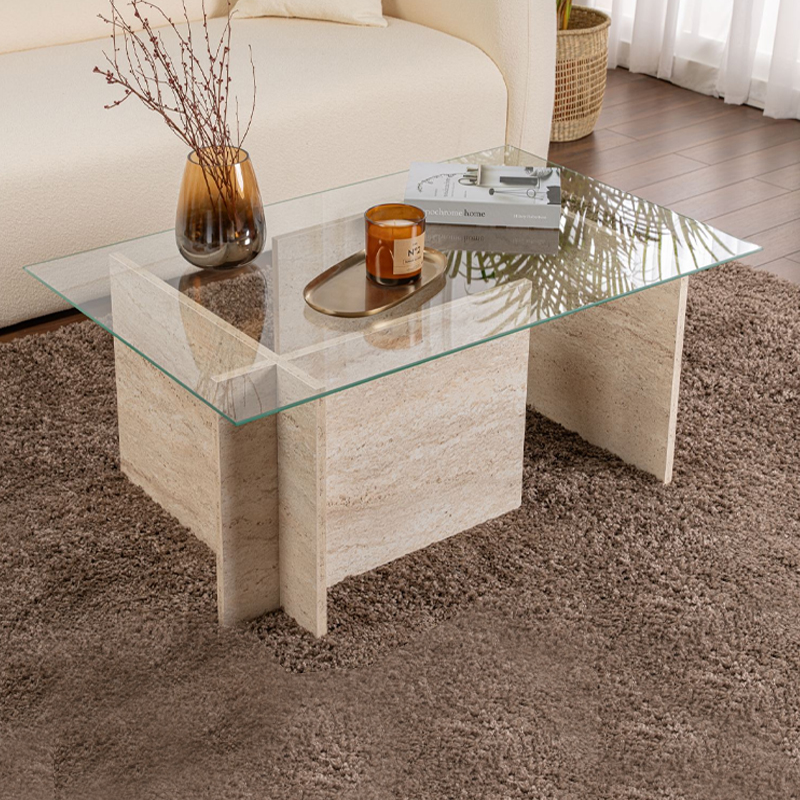 Τραπεζάκι σαλονιού γυάλινο χρώμα travertine