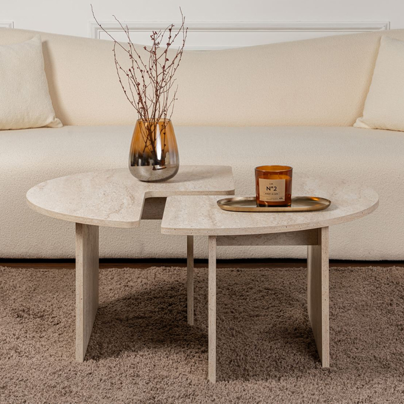 Τραπεζάκι σαλονιού σετ 2 τμχ χρώμα travertine Ø90x41εκ. 4