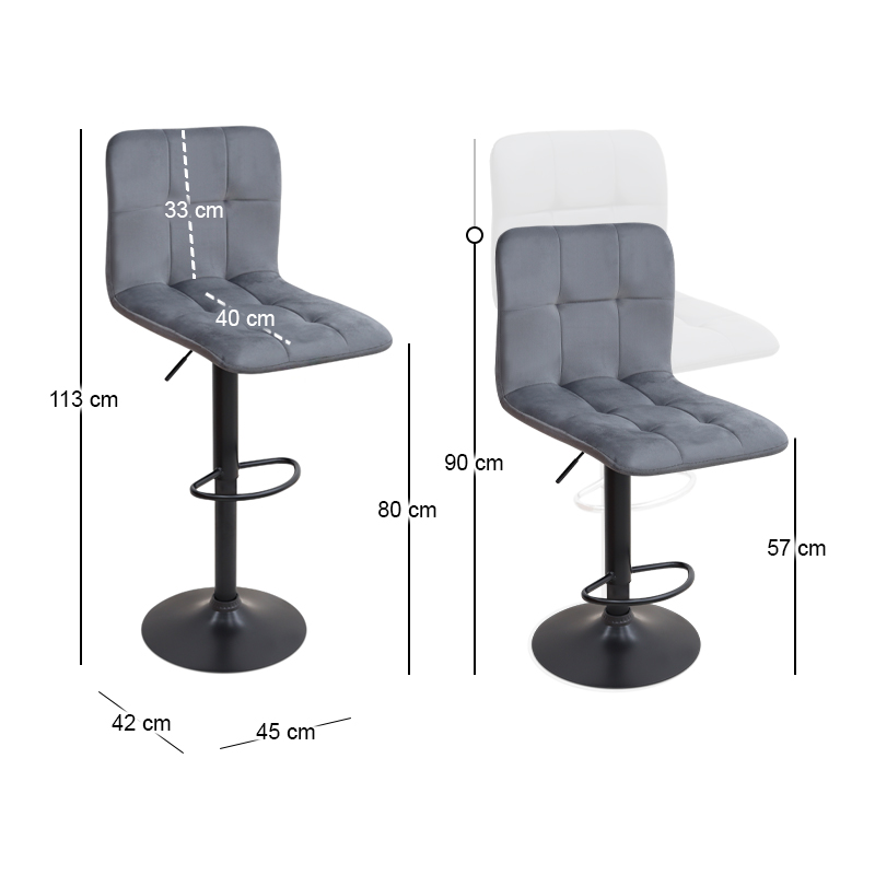 Σκαμπό μπαρ με ρυθμιζόμενο ύψος βελούδο γκρι - βάση μαύρο ματ 45x42x90/113εκ. 9