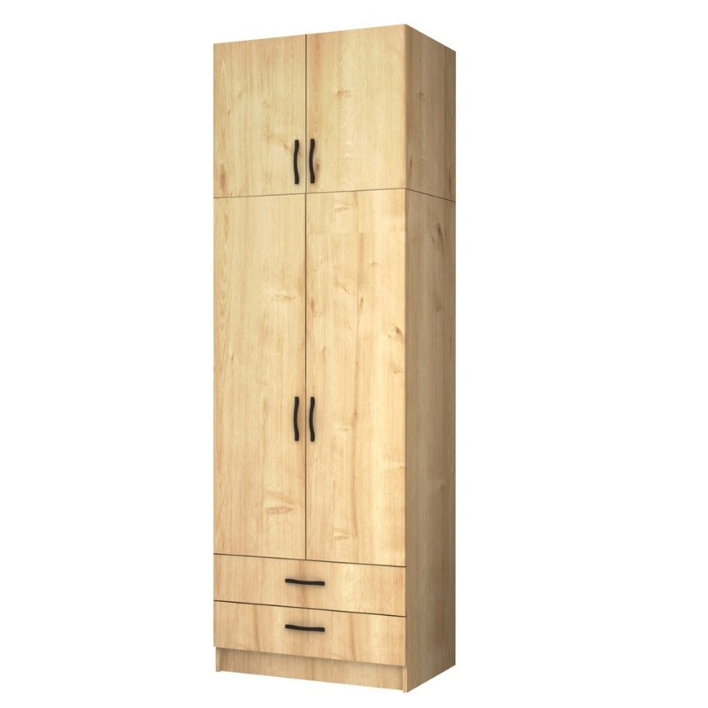 Ντουλάπα ρούχων δίφυλλη με πατάρι και συρτάρια χρώμα φυσικό οξιάς