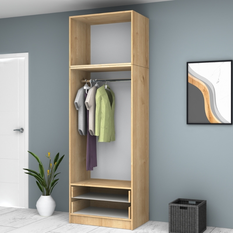 Ντουλάπα ρούχων δίφυλλη με πατάρι και συρτάρια χρώμα φυσικό οξιάς 3