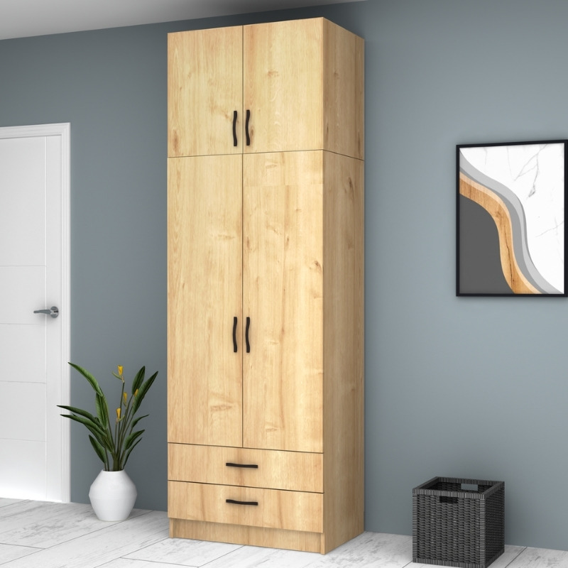 Ντουλάπα ρούχων δίφυλλη με πατάρι και συρτάρια χρώμα φυσικό οξιάς 4