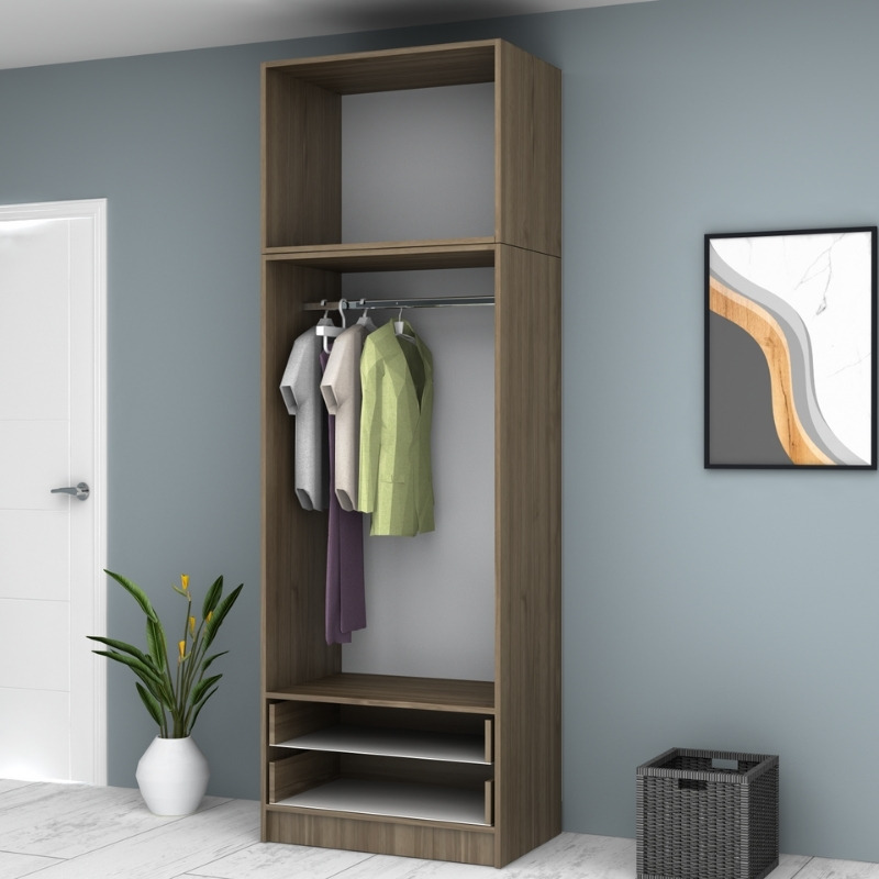 Ντουλάπα ρούχων δίφυλλη με πατάρι και συρτάρια χρώμα καρυδί 3