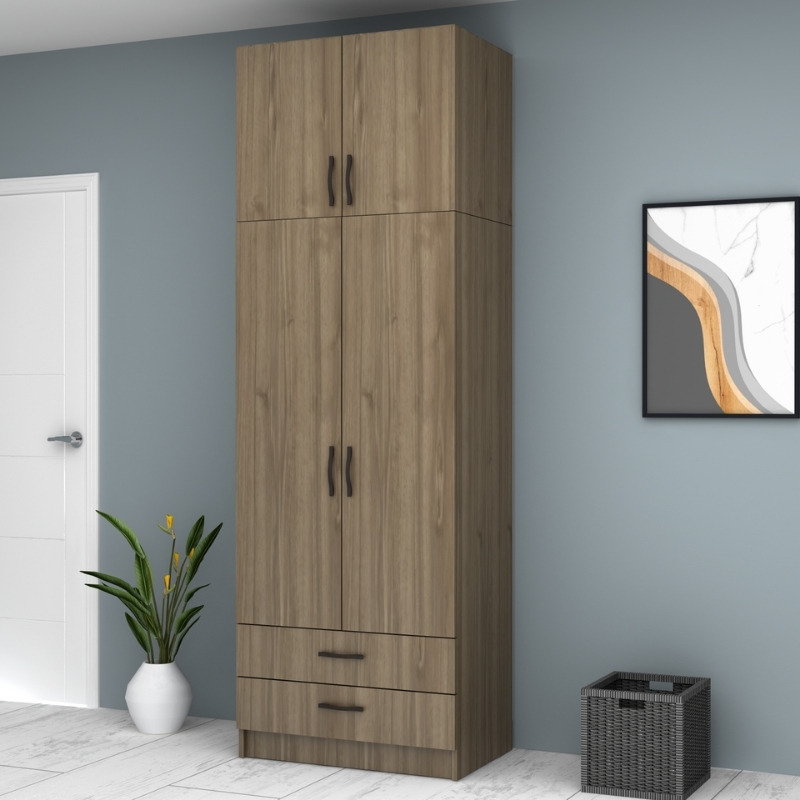 Ντουλάπα ρούχων δίφυλλη με πατάρι και συρτάρια χρώμα καρυδί 4