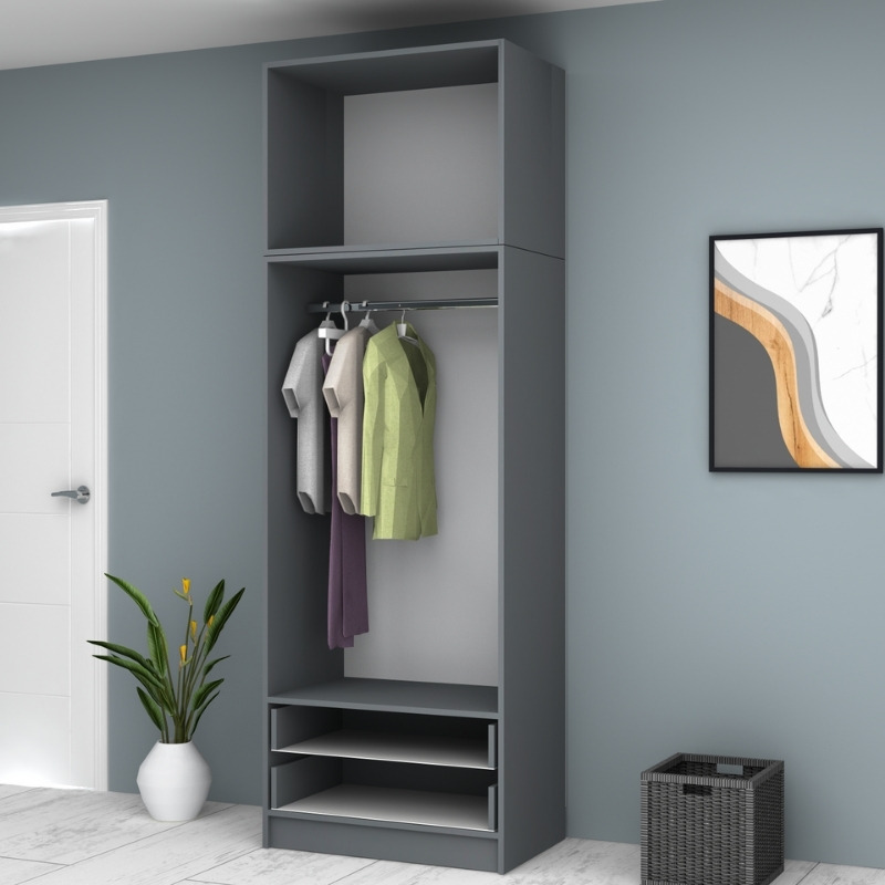 Ντουλάπα ρούχων δίφυλλη με πατάρι και συρτάρια χρώμα ανθρακί 3