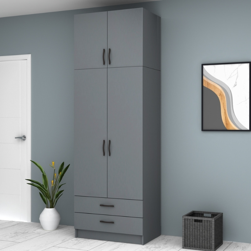 Ντουλάπα ρούχων δίφυλλη με πατάρι και συρτάρια χρώμα ανθρακί 4