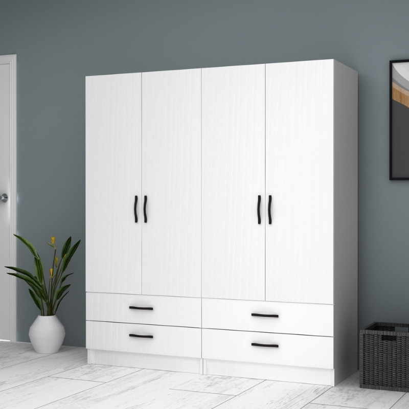 Ντουλάπα ρούχων τετράφυλλη με συρτάρια χρώμα λευκό 3