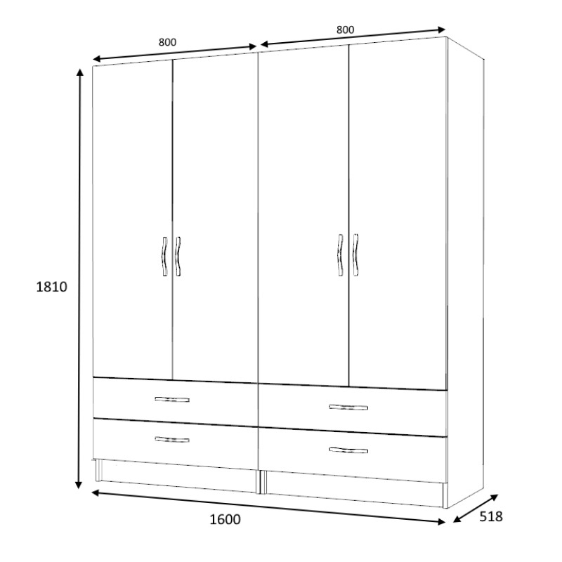 Ντουλάπα ρούχων τετράφυλλη με συρτάρια χρώμα λευκό 5