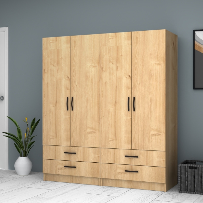 Ντουλάπα ρούχων τετράφυλλη με συρτάρια χρώμα φυσικό οξιάς 3