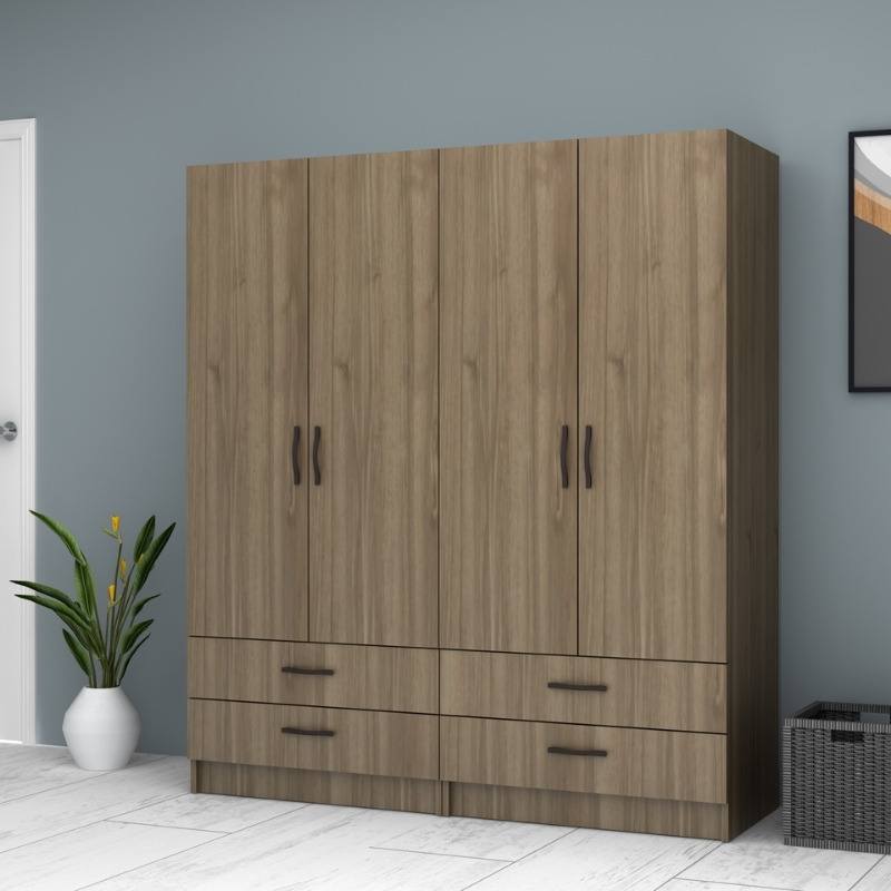 Ντουλάπα ρούχων τετράφυλλη με συρτάρια χρώμα καρυδί 3