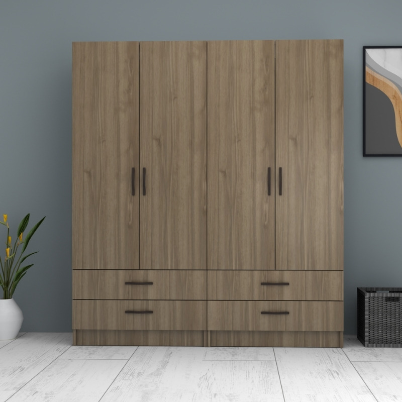 Ντουλάπα ρούχων τετράφυλλη με συρτάρια χρώμα καρυδί 4