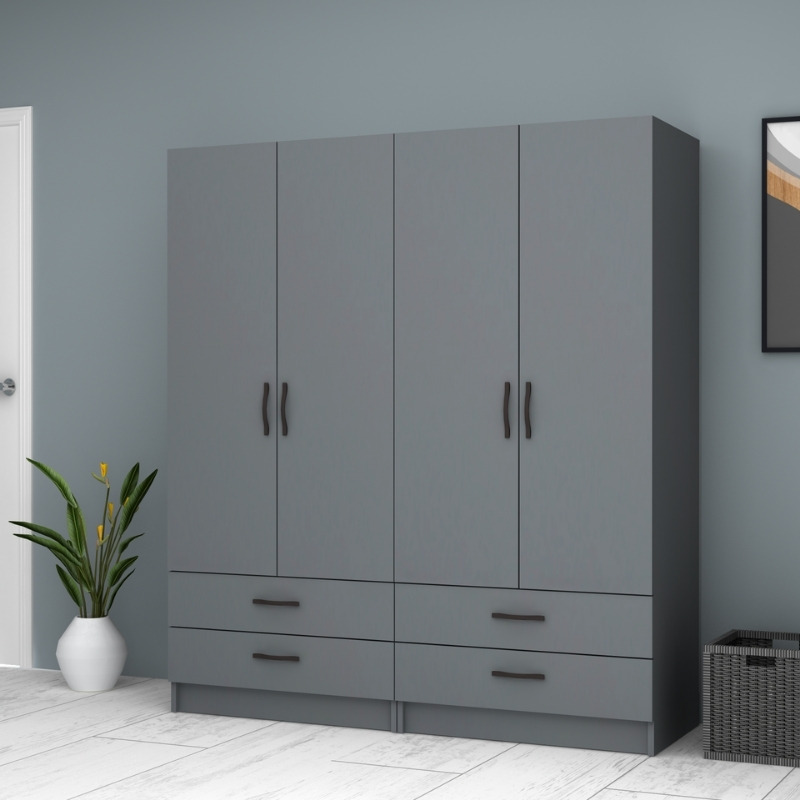 Ντουλάπα ρούχων τετράφυλλη με συρτάρια χρώμα ανθρακί 3