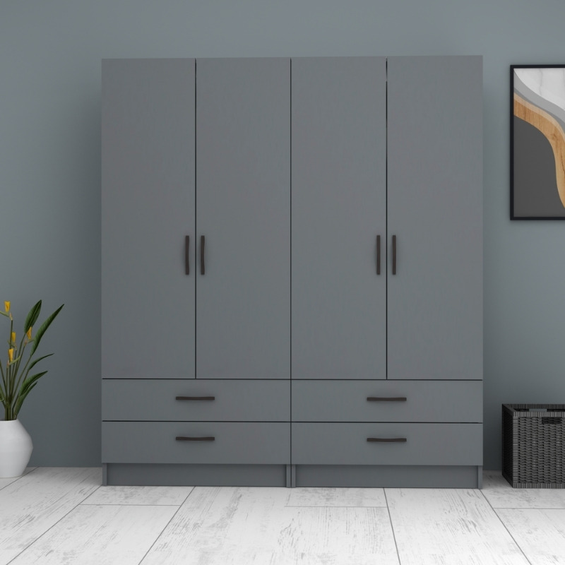 Ντουλάπα ρούχων τετράφυλλη με συρτάρια χρώμα ανθρακί 4