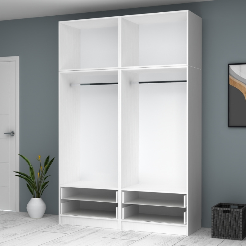 Ντουλάπα ρούχων τετράφυλλη με πατάρι και συρτάρια χρώμα λευκό 3