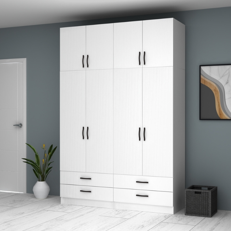 Ντουλάπα ρούχων τετράφυλλη με πατάρι και συρτάρια χρώμα λευκό 4