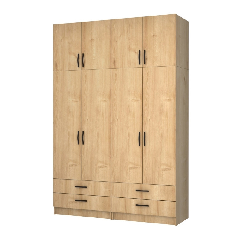 Ντουλάπα ρούχων τετράφυλλη με πατάρι και συρτάρια χρώμα φυσικό οξιάς