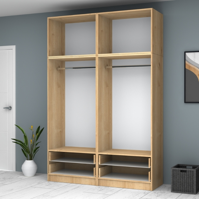 Ντουλάπα ρούχων τετράφυλλη με πατάρι και συρτάρια χρώμα φυσικό οξιάς 3