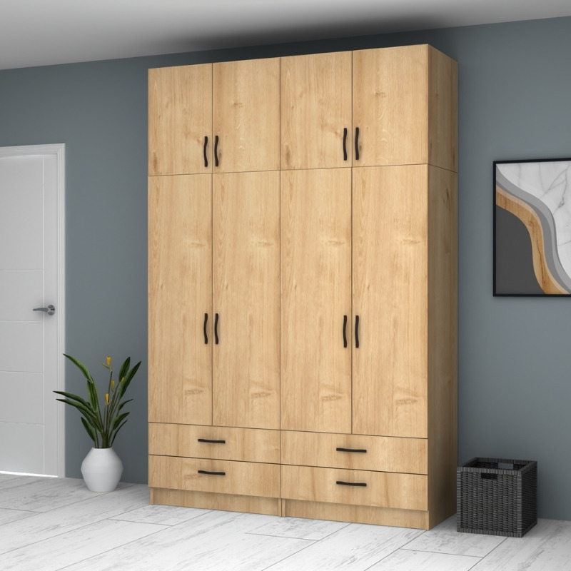 Ντουλάπα ρούχων τετράφυλλη με πατάρι και συρτάρια χρώμα φυσικό οξιάς 4