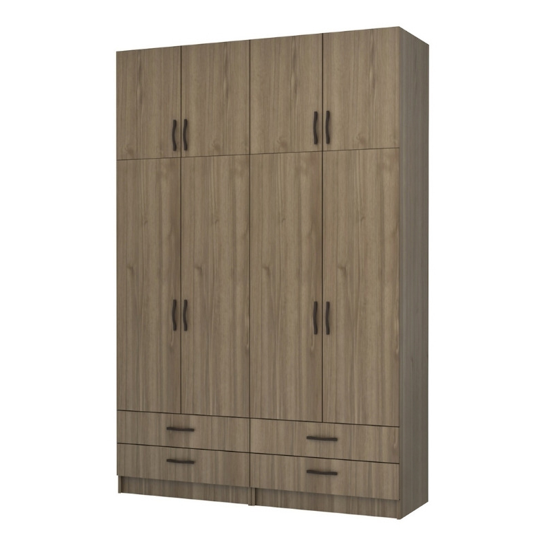 Ντουλάπα ρούχων τετράφυλλη με πατάρι και συρτάρια χρώμα καρυδί