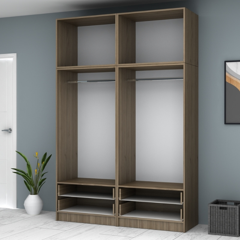 Ντουλάπα ρούχων τετράφυλλη με πατάρι και συρτάρια χρώμα καρυδί 3