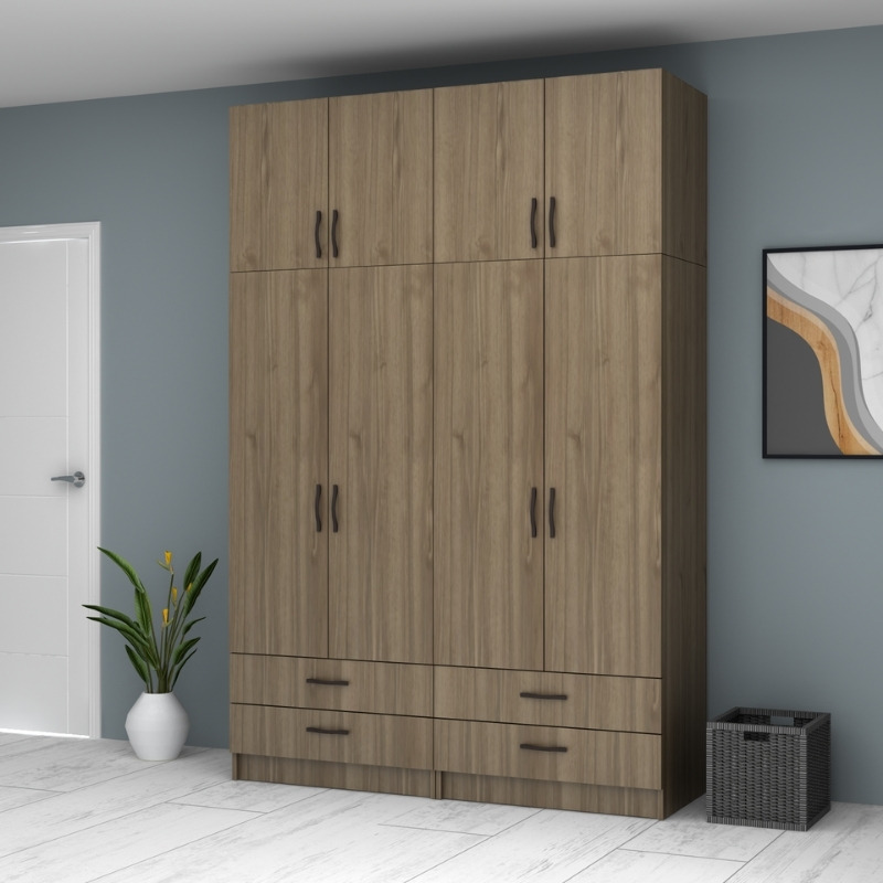 Ντουλάπα ρούχων τετράφυλλη με πατάρι και συρτάρια χρώμα καρυδί 4