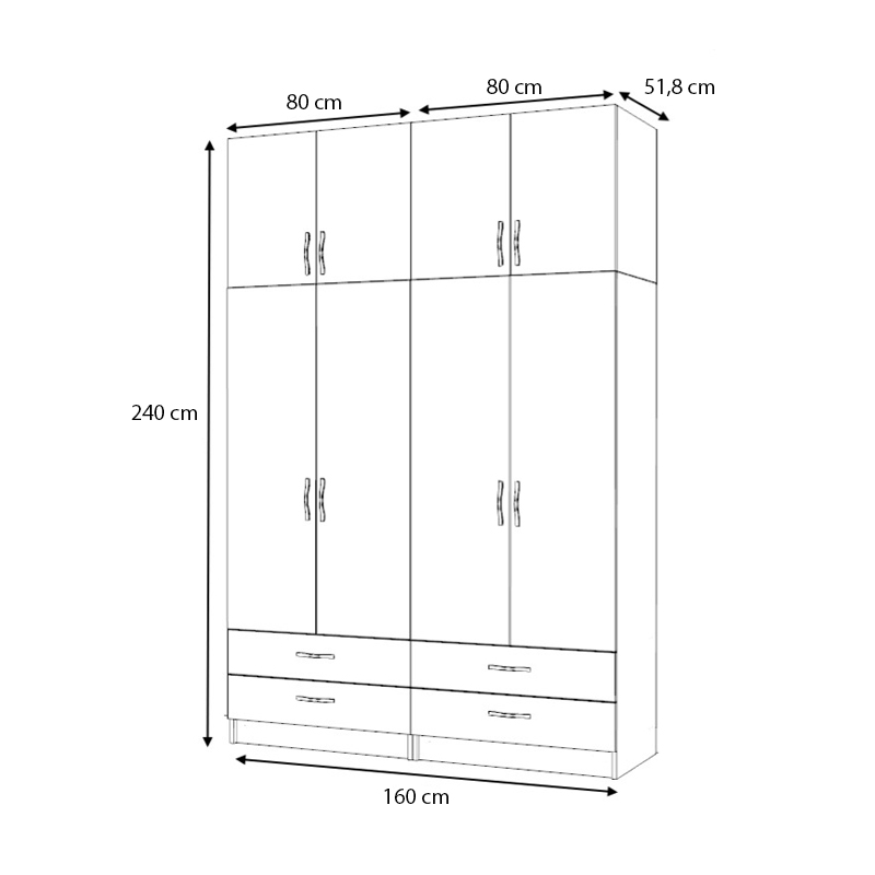Ντουλάπα ρούχων τετράφυλλη με πατάρι και συρτάρια χρώμα καρυδί 5