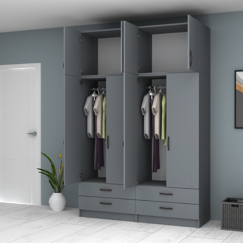 Ντουλάπα ρούχων τετράφυλλη με πατάρι και συρτάρια χρώμα ανθρακί 2