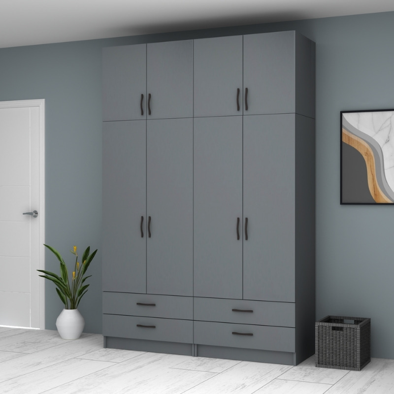 Ντουλάπα ρούχων τετράφυλλη με πατάρι και συρτάρια χρώμα ανθρακί 4