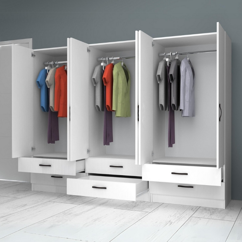 Ντουλάπα ρούχων εξάφυλλη με συρτάρια χρώμα λευκό 2