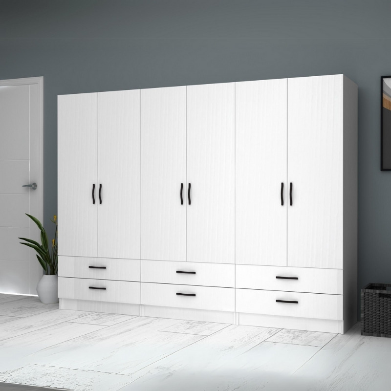 Ντουλάπα ρούχων εξάφυλλη με συρτάρια χρώμα λευκό 4