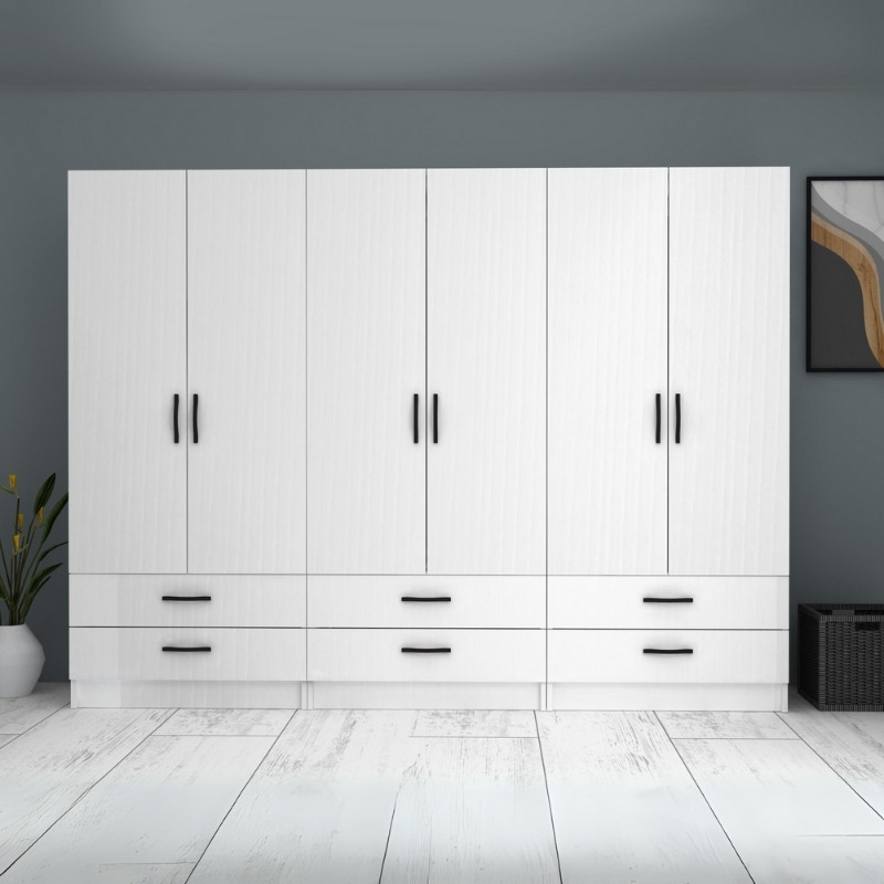 Ντουλάπα ρούχων εξάφυλλη με συρτάρια χρώμα λευκό 5