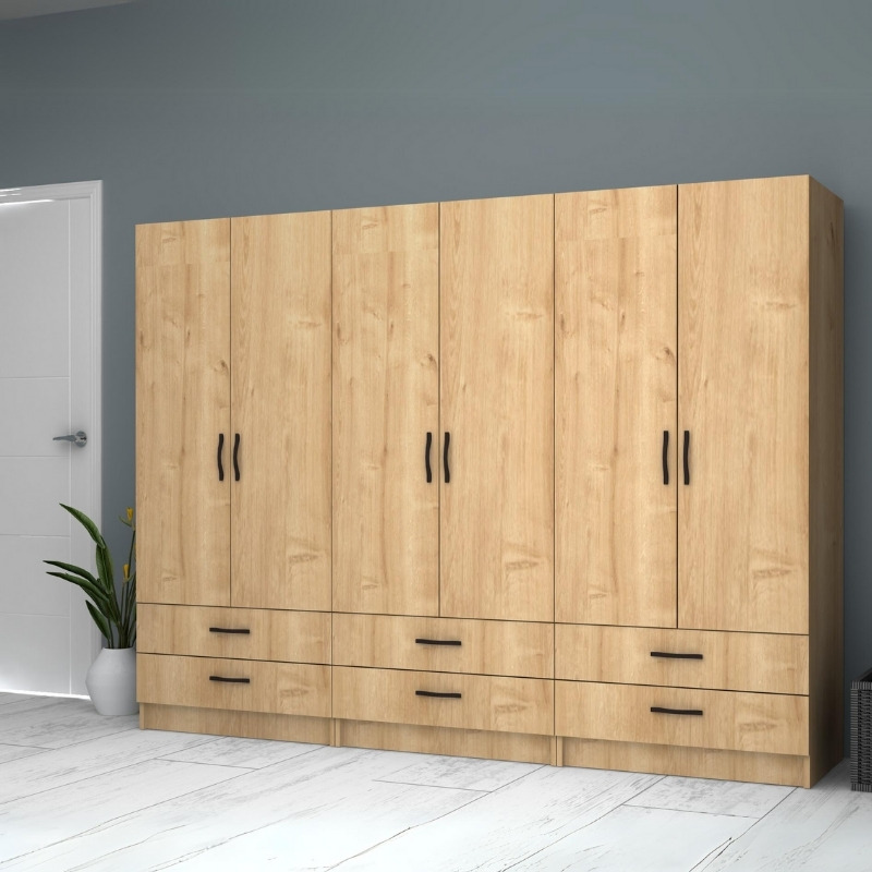 Ντουλάπα ρούχων εξάφυλλη με συρτάρια χρώμα φυσικό οξιάς 4