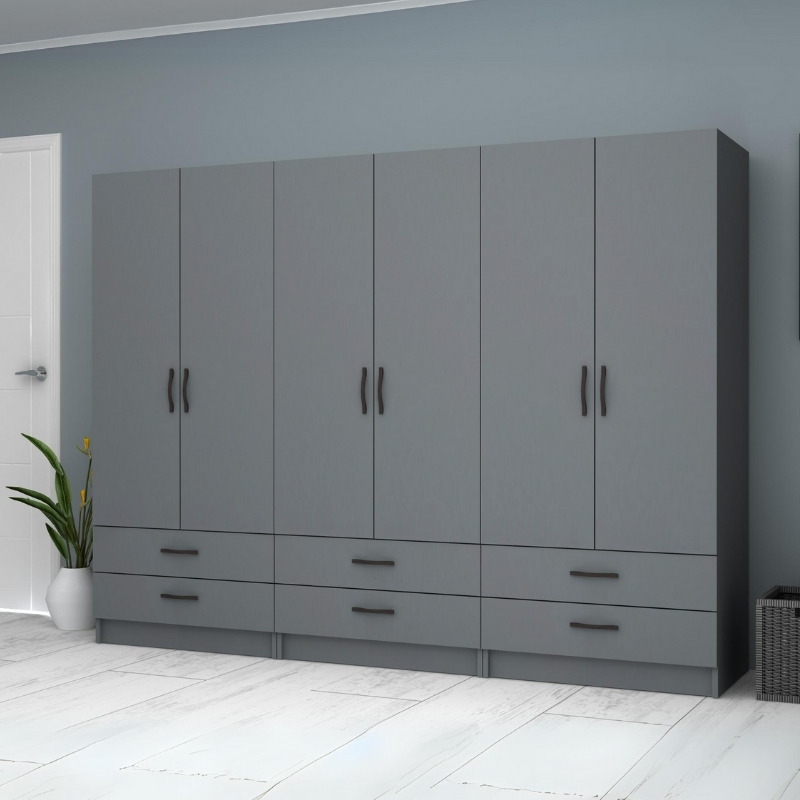 Ντουλάπα ρούχων εξάφυλλη με συρτάρια χρώμα ανθρακί 4